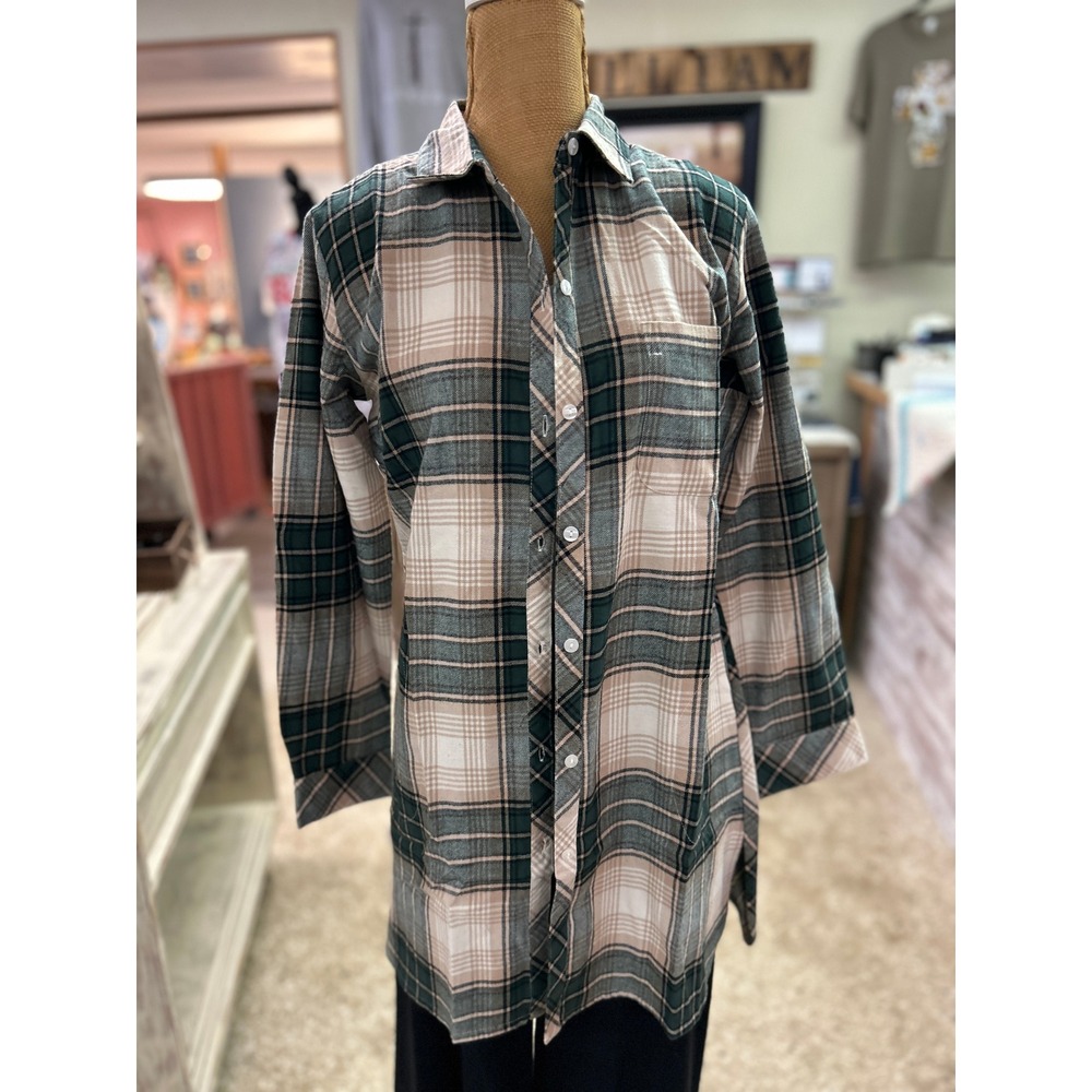 Kerenhart Green and Cream Plaid Longline Button Down Tunic Shirt Size Slits Sz M